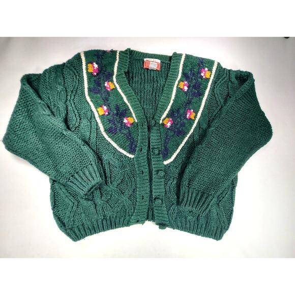 I・V・Y Sweaters - Vintage 90s IVY Handmade Knitted Green Floral Cardigan Sweater Sz L Grannycore